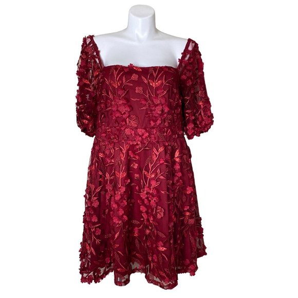 Torrid Size 20 Red Textured Mesh Floral Embroidery Lace Puff Sleeve Skater Dress - Picture 3 of 12